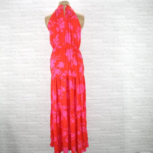 Dress Maxi Halter Floral Tiered Tropical Summer Sleeveless Orange Pink Small - Picture 7 of 15